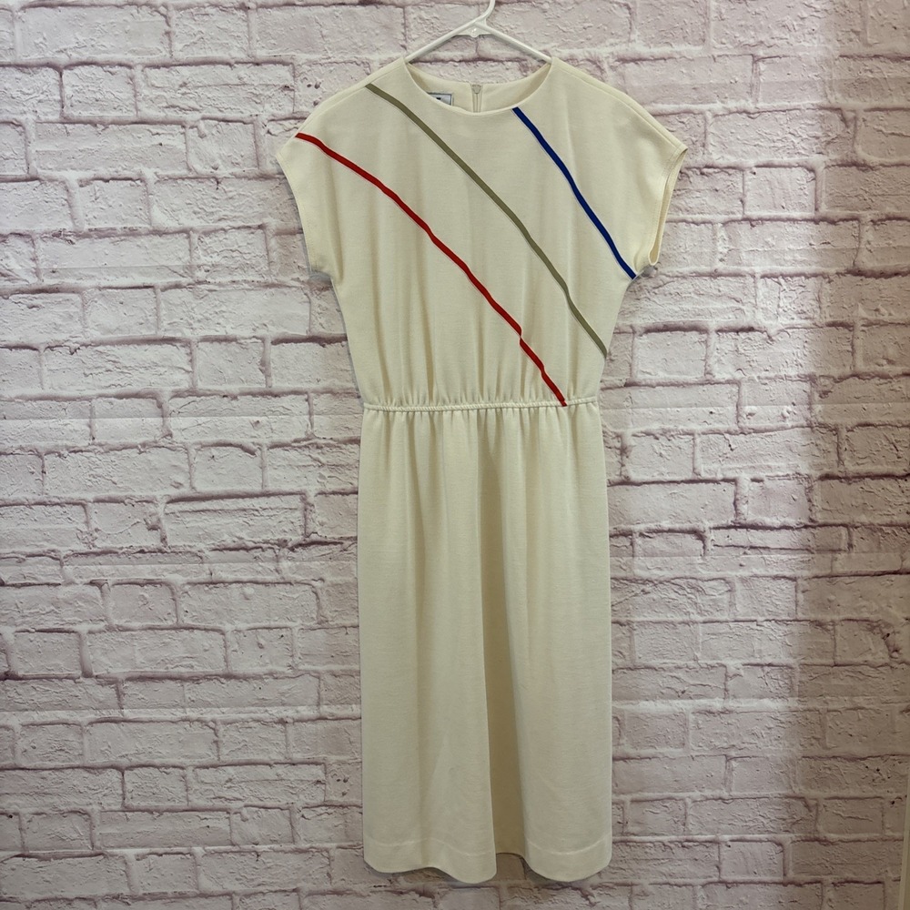 Vintage Dress Size 12 Leslie Fay Ivory w Stripes Zip Short Sleeve Blue Red Green